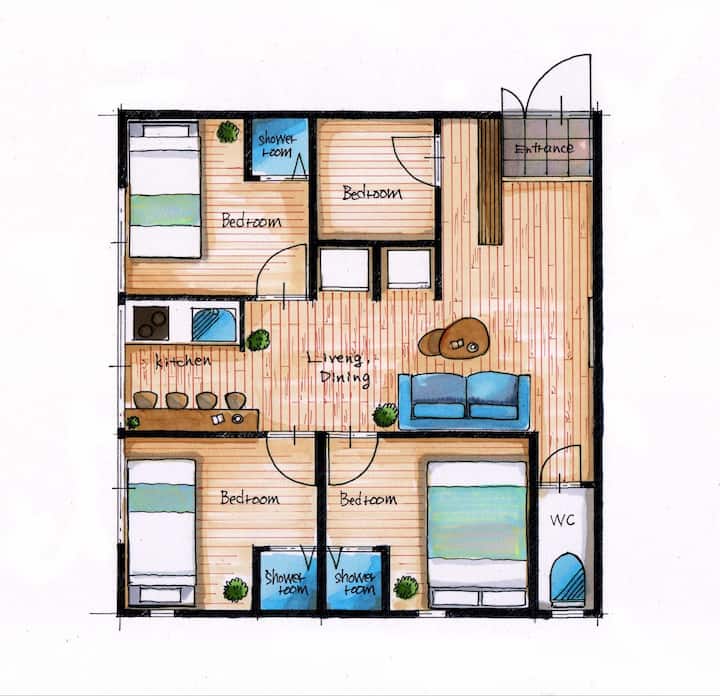 3部屋のプライベートルーム完備（各部屋シャワー付き）の貸し切りマンション／コンビニ・スーパー徒歩1分 - Mount Fuji