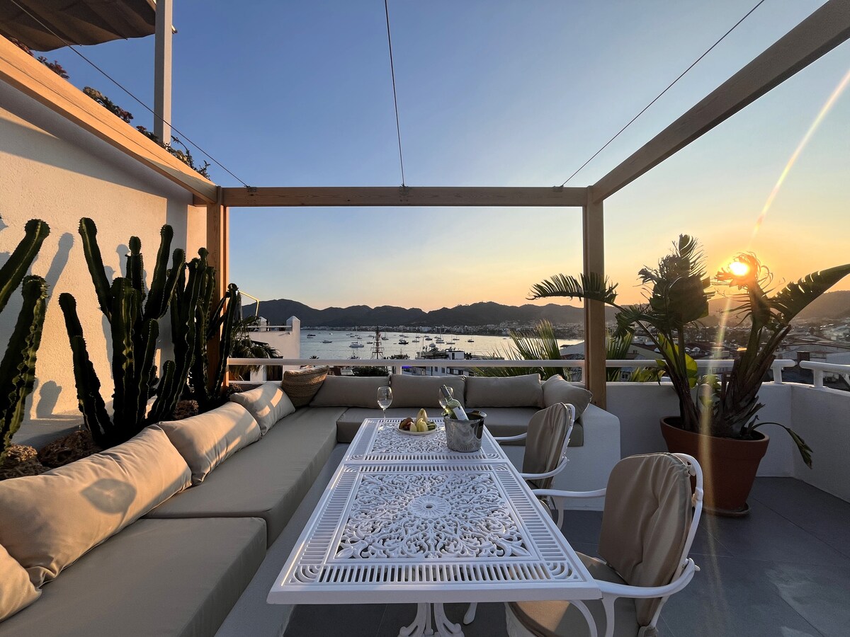 A spacious terrace features comfortable seating along with a decorative table, framed by various plants and cacti. The sunset casts a warm glow over the view of the water and boats below, creating a serene setting for relaxation.