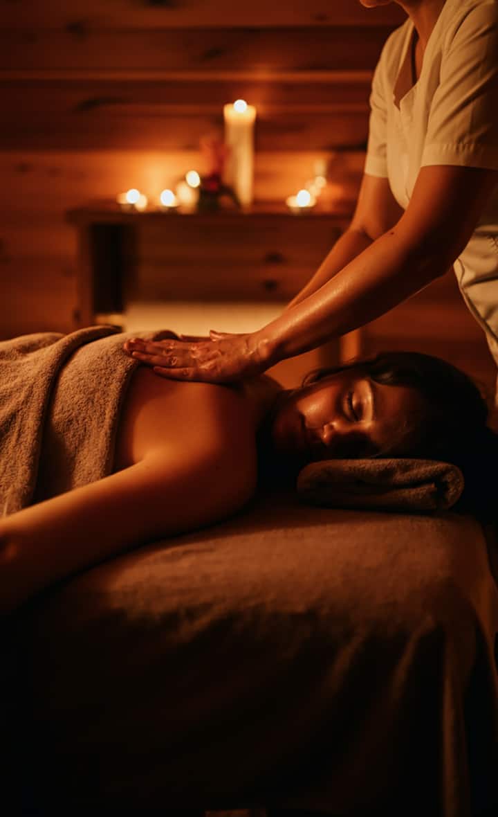 Een massage bij kaarslicht laat je de reisvermoeidheid vergeten en voelt als een ontspannen dag in het regenwoud.