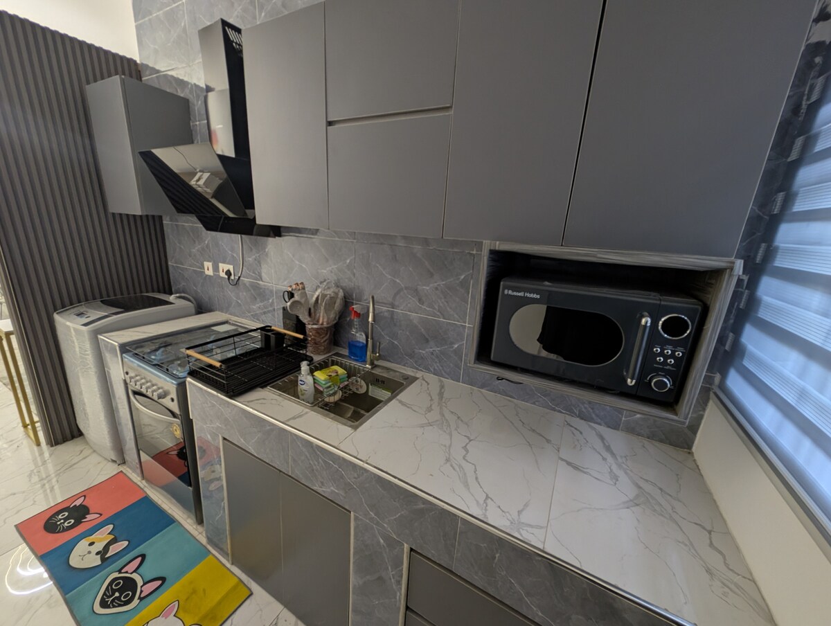 A modern kitchen features sleek grey cabinetry and a marble countertop. An oven, stove, and microwave are embedded within the cabinetry. A colorful mat lies on the floor, adding a touch of warmth to the space, while large windows provide natural light.