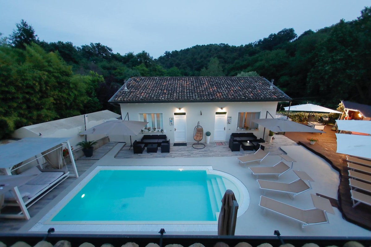 An inviting outdoor area is showcased, featuring a swimming pool surrounded by lounge chairs under large umbrellas. A modern building with multiple entryways is visible, and lush greenery forms a serene backdrop, creating a relaxed atmosphere for leisure and enjoyment.