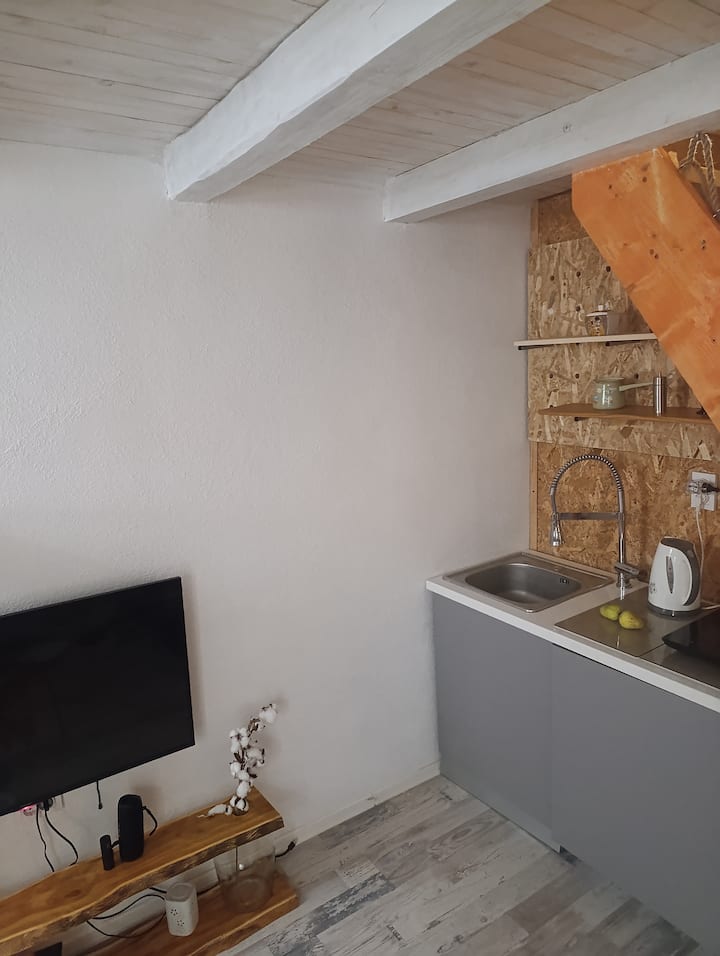 El salón tiene una minicocina con todo lo necesario para una estancia.
Placa de inducción y hervidor eléctrico.
Servicio y utensilios.