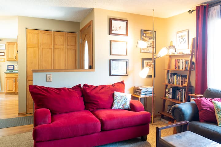 Theater seats and comfortable couches. Due to liability constraints, guests can't use the wood stove.