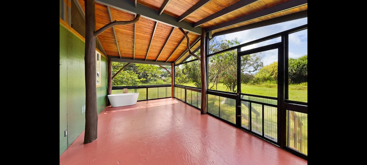 A spacious fully screened lanai is showcased with a freestanding tub positioned in one corner. The area is surrounded by lush greenery and features a ceiling with exposed beams, enhancing the open, airy feel. Natural light flows into the space through large screened panels.