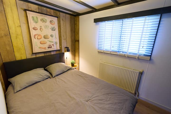Bedroom with double bed and built-in closet.