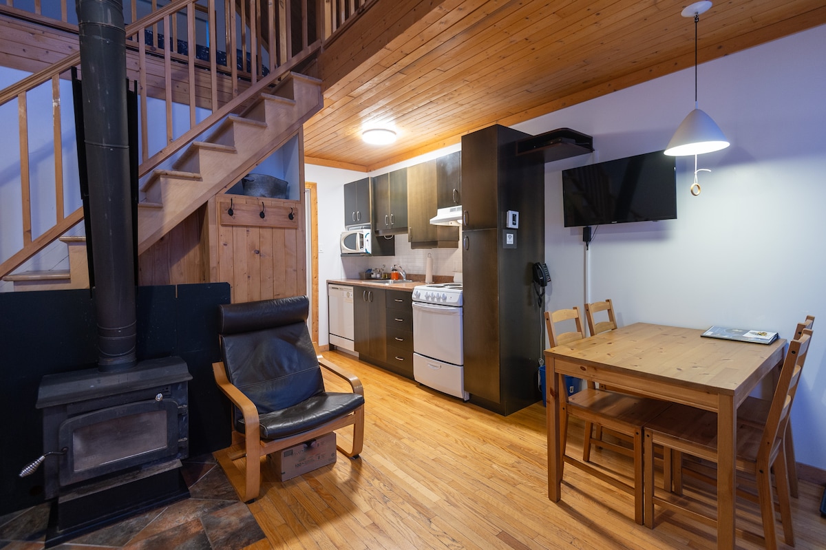 A spacious living area is depicted, featuring a wood stove and a wooden dining table surrounded by chairs. A kitchen area includes modern appliances, with warm wooden accents evident in the ceiling and flooring. Natural light enters through a nearby window.