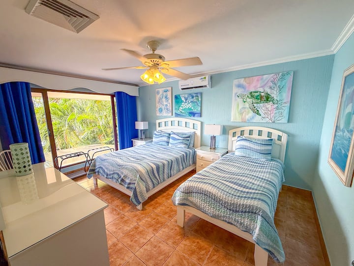 חדר אירוח מרווח עם מיטת קווין סייז ושתי מיטות יחיד, עם עיצוב של צב ים שובב ונוף לגינה - מושלם לילדים, חברים או שהיות משפחתיות רגועות