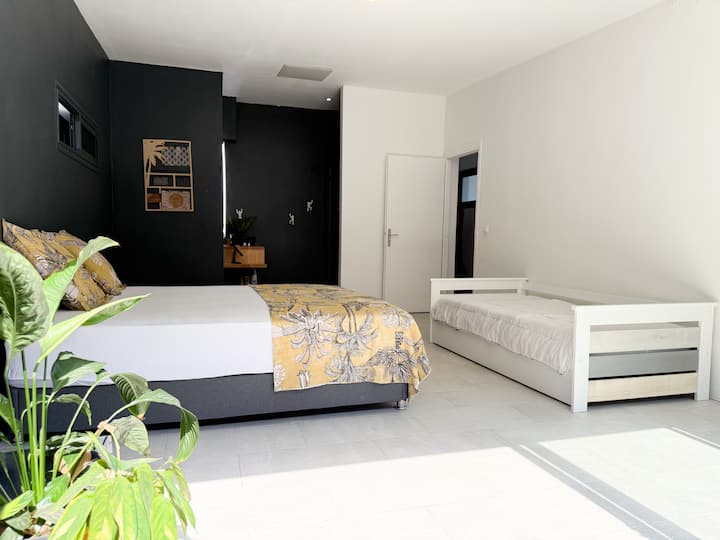 Ამ საძინებელში არის ორადგილიანი საწოლი და ორი ერთადგილიანი საწოლი.