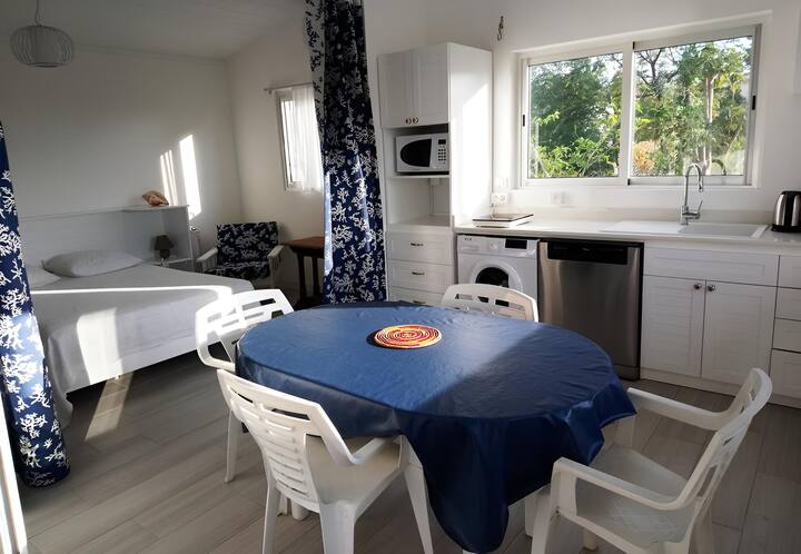 חדר שינה עם מטבחון צמוד שניתן להפריד על ידי זוג וילונות.