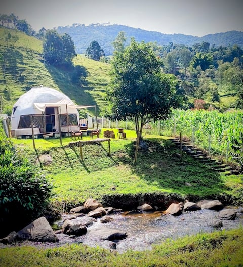 Dome Cabin with River + Hot Tub, Trails, and Waterfall