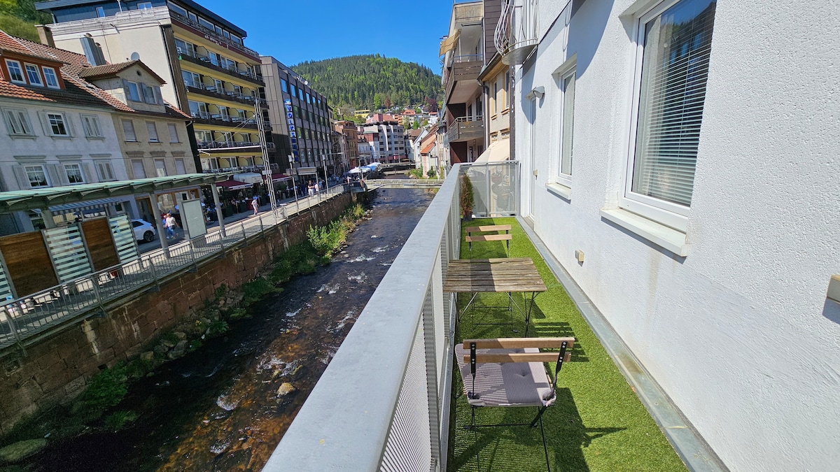 A spacious balcony overlooks the river Enz, featuring a grassy area with two chairs and a small table positioned against a railing. The view includes nearby buildings and a hillside, with clear blue skies creating a bright atmosphere.