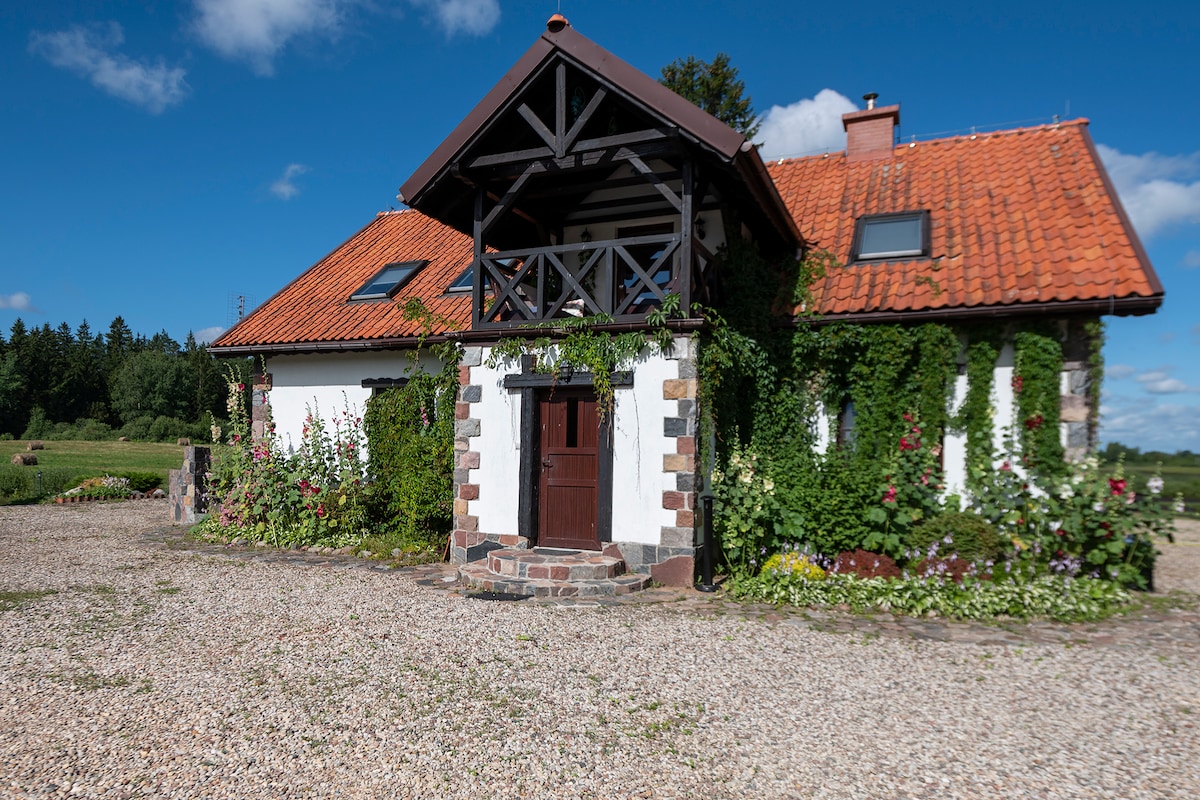 A charming exterior of a two-story house is presented, showcasing a stone and white facade adorned with climbing greenery. The terracotta roof and wooden accents contribute to a welcoming appearance. Gravel grounds surround the house, leading to lush fields in the background under a clear blue sky.