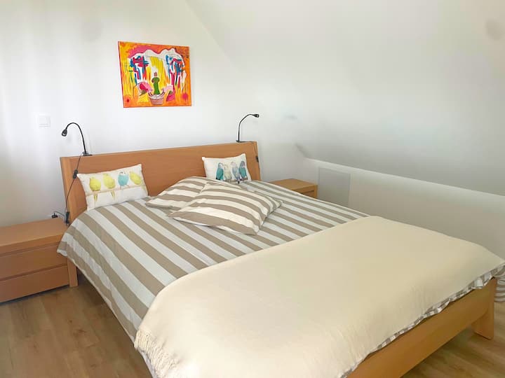 Open bedroom adjoining the living room with a queen size bed.