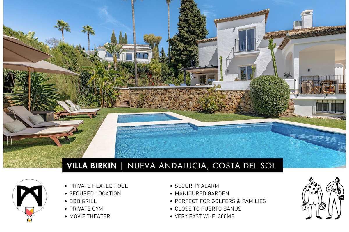 A well-appointed outdoor area includes a private heated pool, surrounded by lounge chairs and a manicured garden. The barbecue grill is positioned nearby, providing space for outdoor dining. Towering palm trees and colorful landscaping create a serene retreat under clear skies.