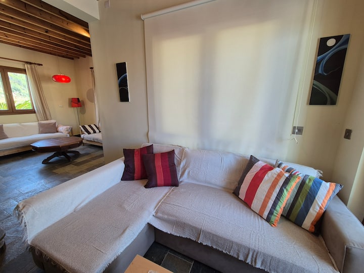 Втора дневна соба со голем кауч кој се претвора во двоен кревет.  Директен пристап до базенот и терасата.