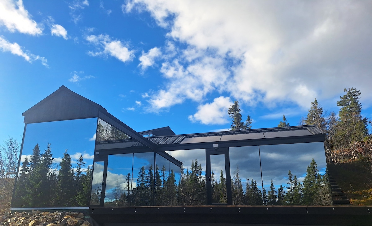 The exterior of a modern cabin is reflected in large glass panels, blending seamlessly with the surrounding forest. The structure features a minimalist design under a clear blue sky, highlighting the integration of nature and architecture.