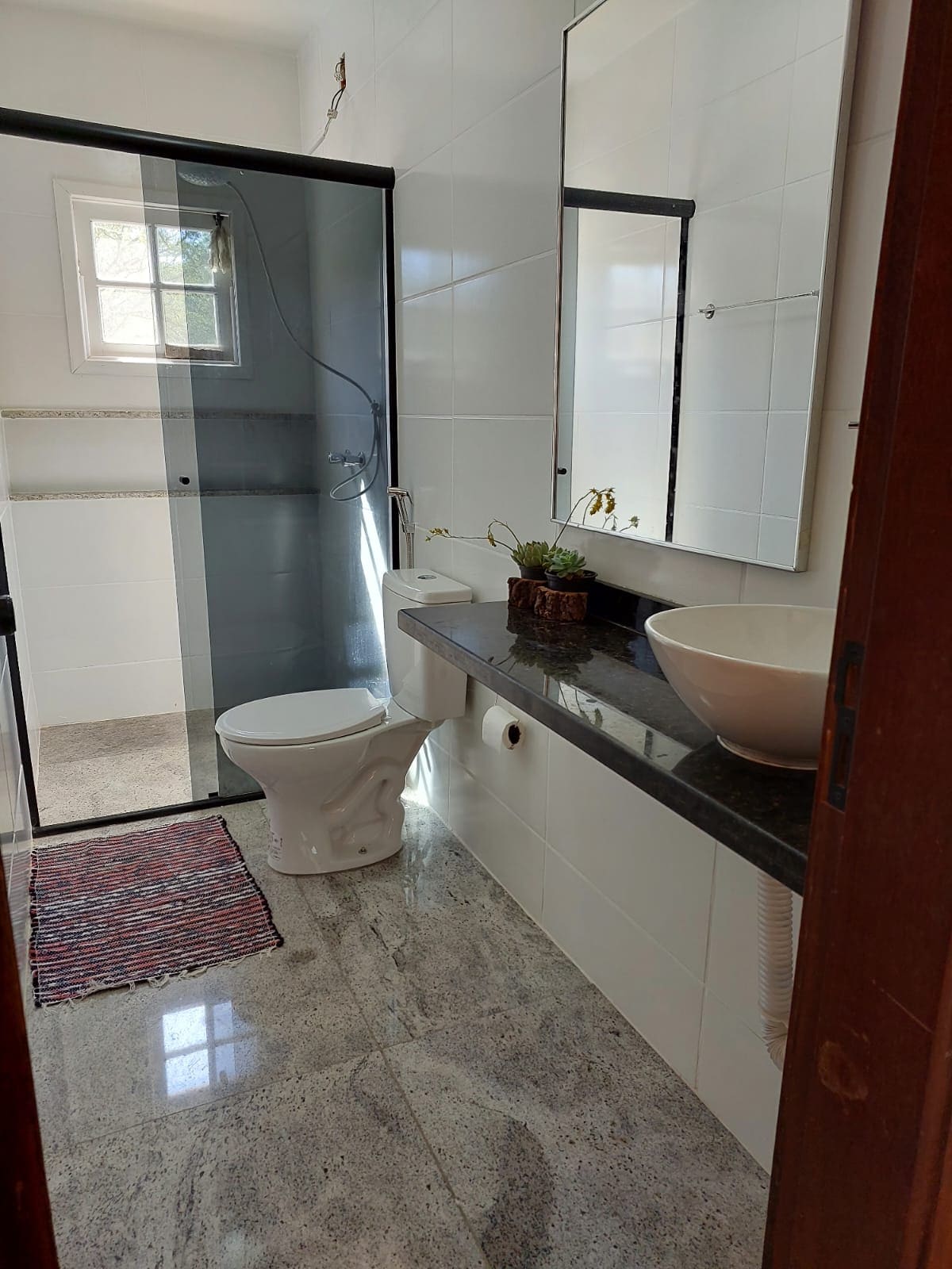 A modern bathroom is equipped with a glass shower enclosure and a sleek toilet. A dark countertop is complemented by a round sink, with a small plant adding a natural touch. Light washes over the space from a nearby window, illuminating the tiles.