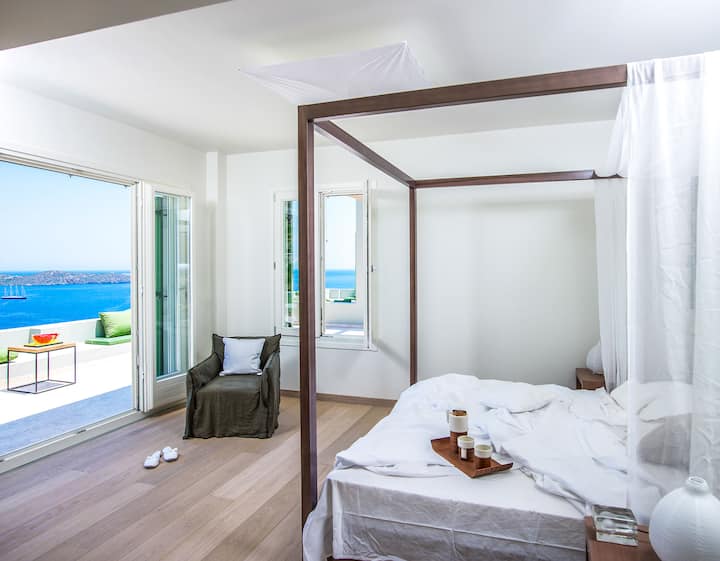 First Floor: Master suite with 4-poster bed, en-suite, and private terrace