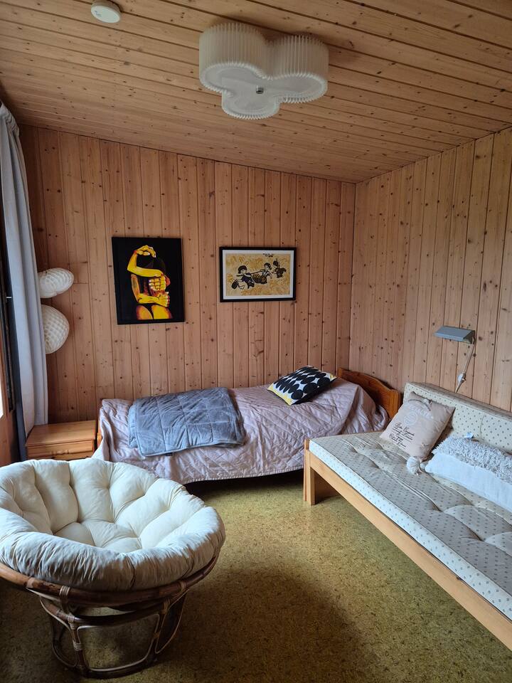 Გაითვალისწინეთ, რომ მე-4 საძინებელს აქვს საკუთარი შესასვლელი, რაც გულისხმობს წვდომას გარედან. Სურათზე არის ერთი საწოლი, რომელიც განკუთვნილია ზრდასრული ადამიანისთვის; სიგანე 80 სმ. Გასაშლელი გასაშლელი დივანი; გაშალეთ 140 სმ. Საცხოვრებელს აქვს ფანჯარა, უშუქო ფარდები და სავენტილაციო ფანჯარა.