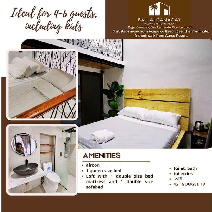 Amplia habitación con techo alto y acogedor loft, perfecta para 4–6 personas, incluidos niños. Disfruta de un ambiente espacioso, camas cómodas y un loft divertido ideal para familias o amigos. ¡Un espacio divertido y relajante para recargar energías después de un día de sol y mar!