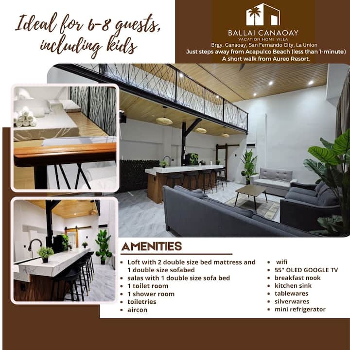 Sala de estar luminosa y espaciosa con un acogedor rincón para desayunar (con fregadero) y un loft con cómodos colchones/sofá cama perfecto para 6–8 personas, ¡incluidos los niños! Ideal para charlas nocturnas y mañanas relajadas con café y buena compañía.