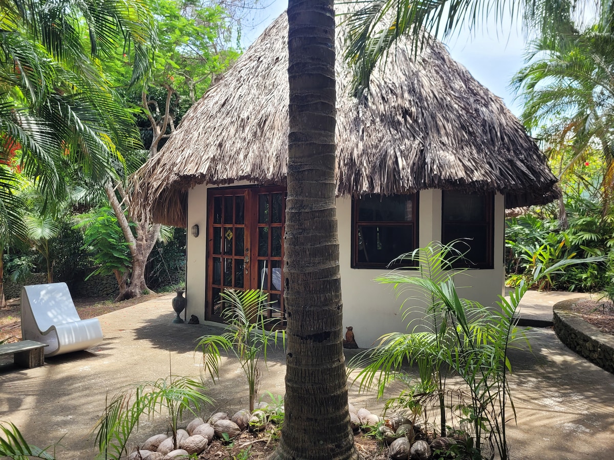 The cottage features a traditional thatched roof, surrounded by vibrant greenery. A spacious patio is visible, complemented by natural stone paths and tropical plants. Large windows provide natural light, and a tall palm tree stands prominently in the foreground.
