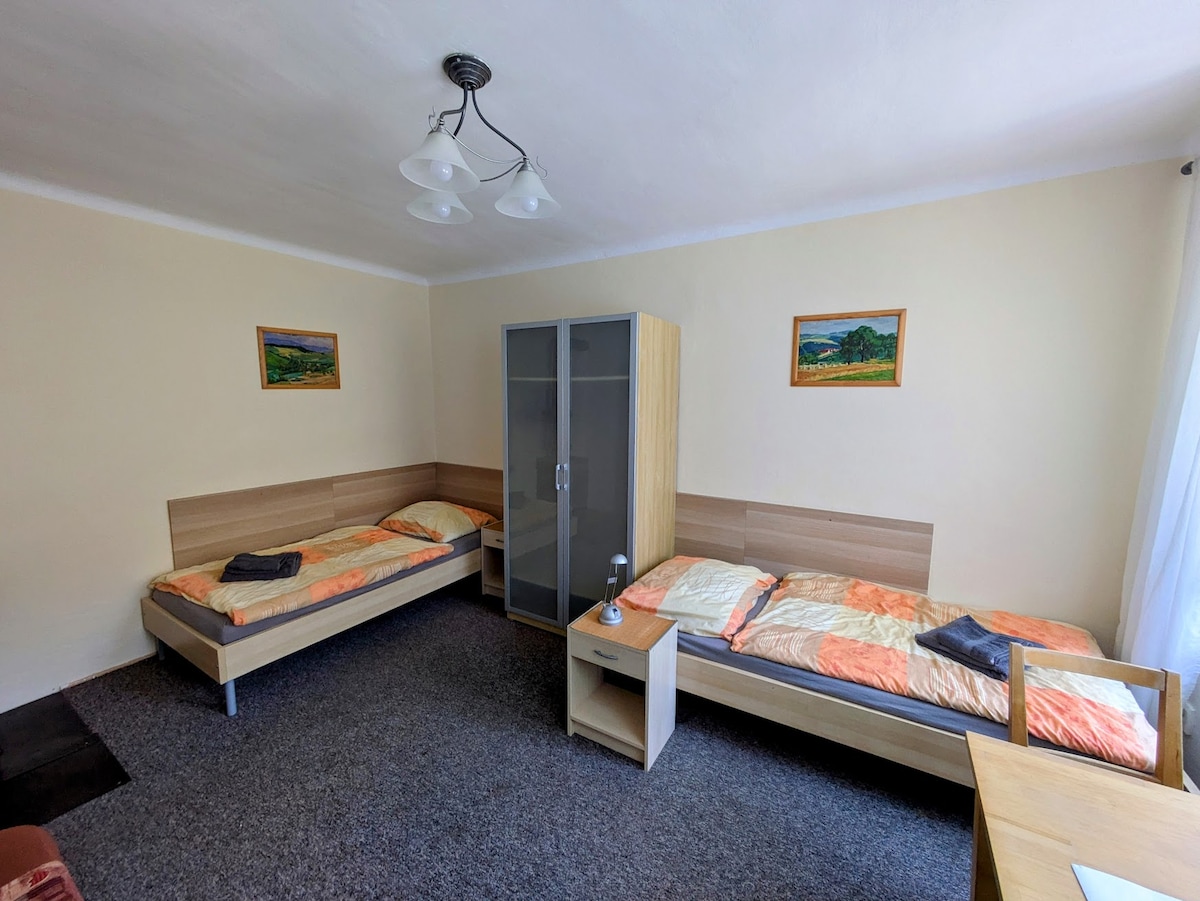 A well-lit room features two twin beds, each covered with patterned bedspreads. A closet stands against one wall, and a small table with a chair is positioned nearby. Artwork adorns the walls, and natural light enters through a window dressed with light curtains.