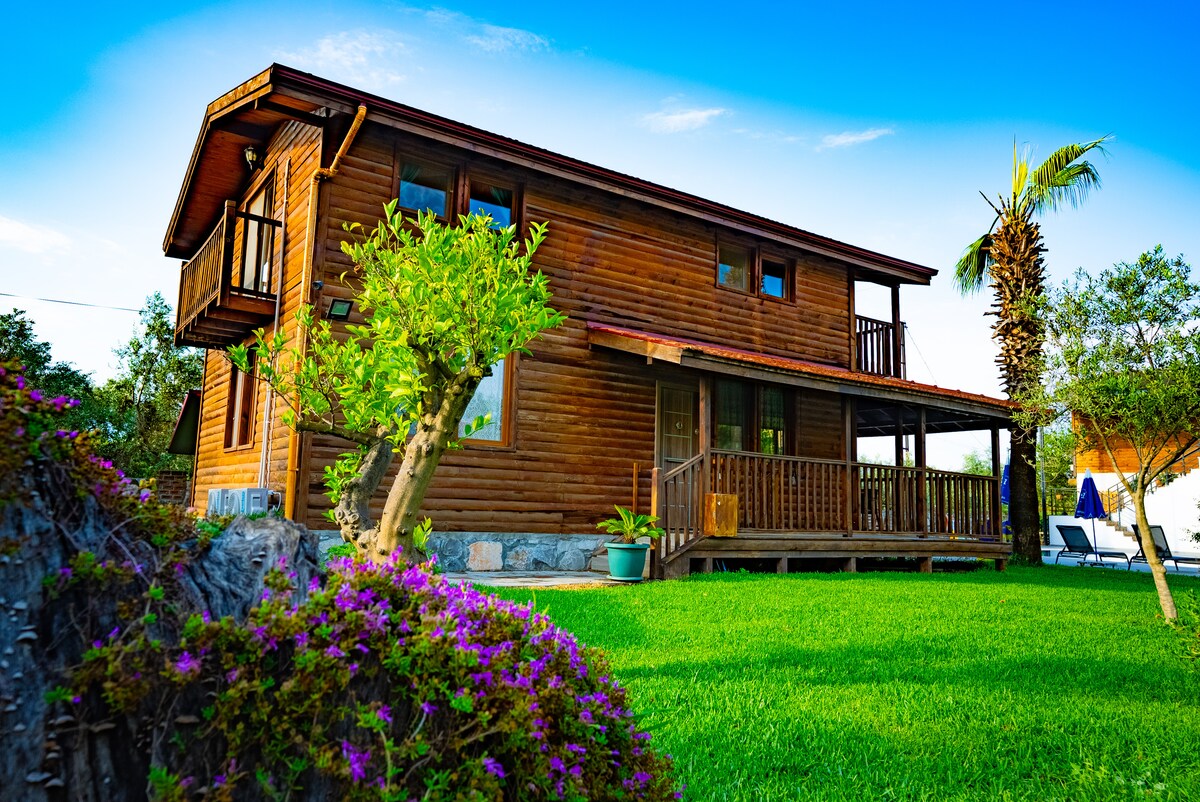A two-story wooden house is surrounded by lush green grass and vibrant flowering plants. Balconies provide outdoor spaces, and palm trees add a tropical touch. The warm wood exterior complements the tranquil environment, creating a welcoming setting.