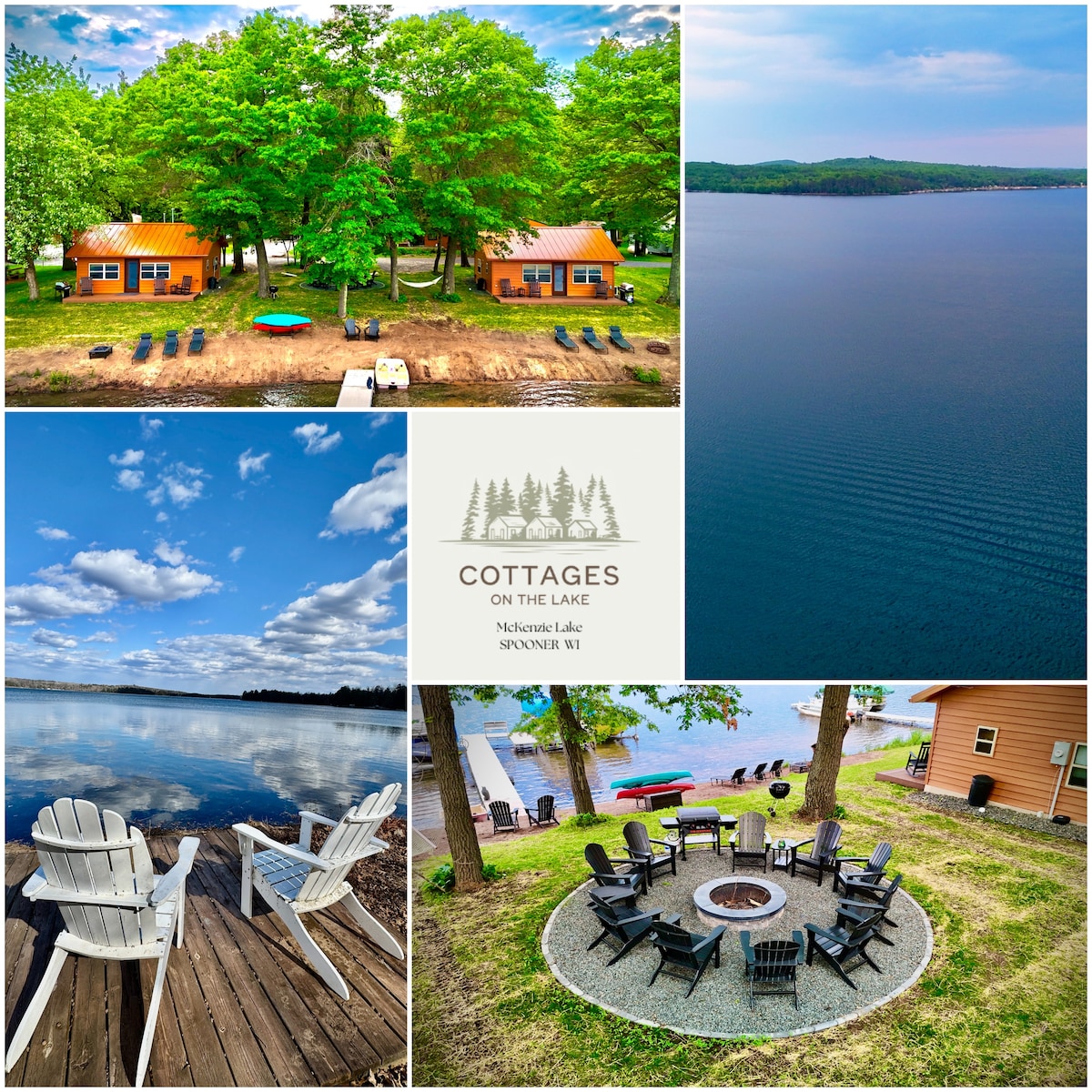 Two identical cottages are nestled among lush trees by McKenzie Lake, with a clear view of the expansive water. Comfortable outdoor seating is arranged around a fire pit, while wooden docks and colorful watercraft are visible along the shore.