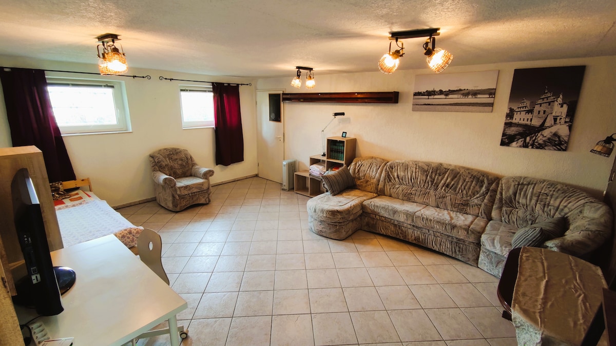 Dnevni boravak s velikim kaučem na razvlačenje i jednostrukim krevetom.