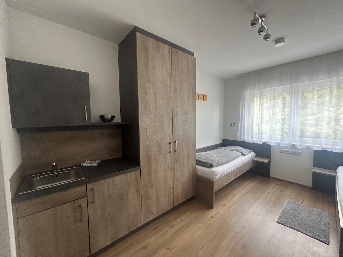 A well-organized room features a compact kitchenette with a sink and cabinetry. Beds are positioned against a bright window adorned with sheer curtains, providing natural light. The wooden flooring complements the modern design, while a small mat is placed near the beds for added comfort.