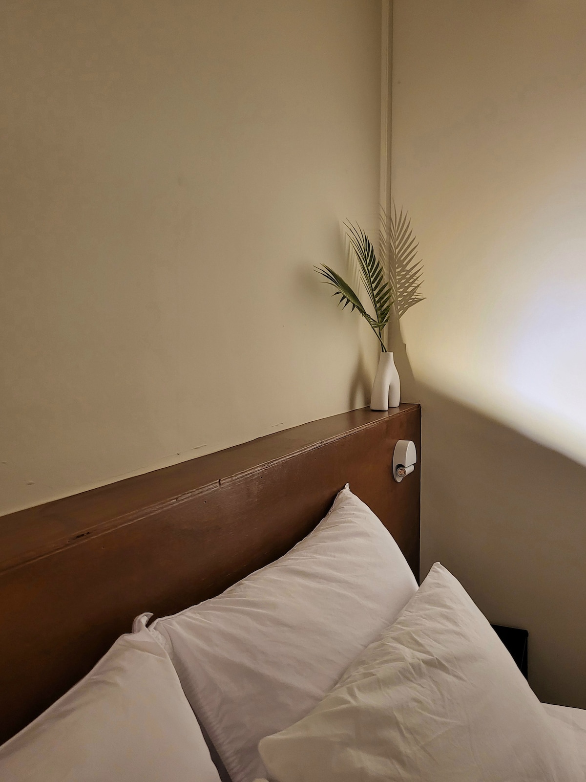 A serene corner of a guest room is displayed, featuring a spacious bed adorned with large, fluffy white pillows. A minimalist vase with a single green leaf rests on the headboard, while soft light gently illuminates the cream-colored wall.
