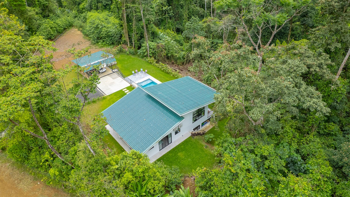 An aerial view captures the villa's location within the lush rainforest. The modern architecture features a green roof, surrounded by vibrant foliage. A private swimming pool is visible beside an outdoor dining area, providing an inviting space for relaxation amidst nature.
