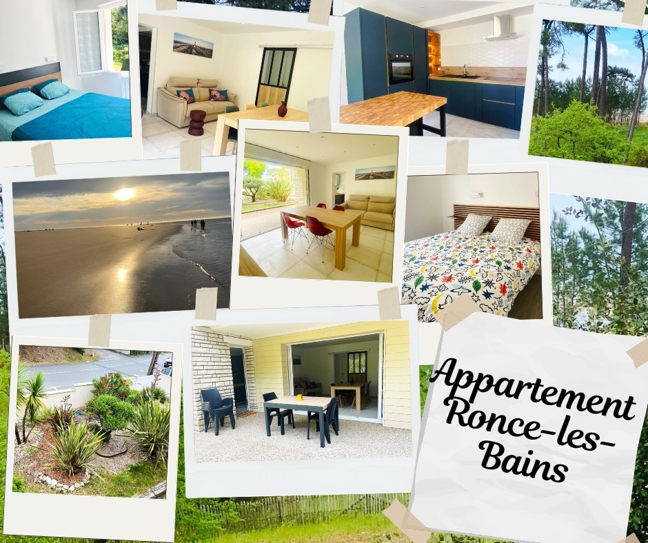 A collage of various images showcases the apartment in Ronce-les-Bains. The collection includes sleeping arrangements, dining spaces, and outdoor seating, alongside serene beach views and local greenery, emphasizing the cozy atmosphere and accessibility to nature.