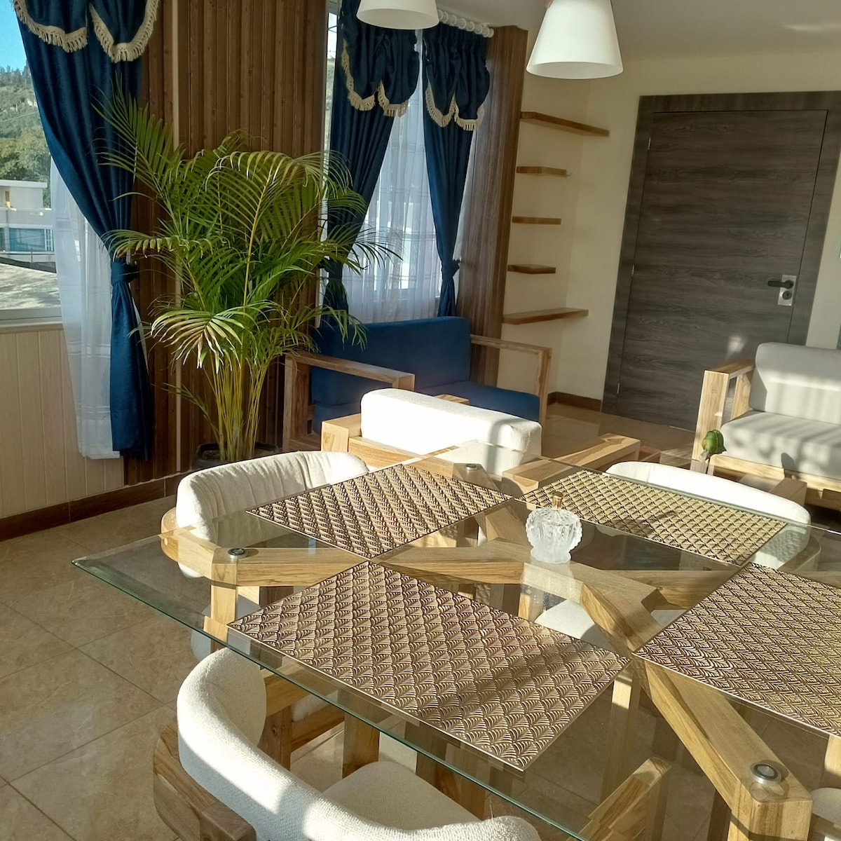 A bright dining area features a glass table surrounded by wooden chairs and placemats. Natural light streams in through large windows dressed in blue curtains. A decorative plant is present in the corner, alongside a minimalist seating arrangement against a textured wall.
