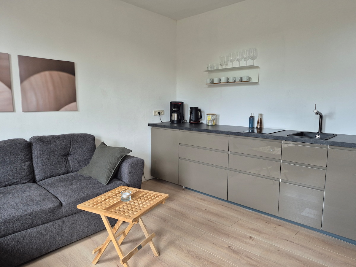 A modern kitchen area is presented with sleek cabinetry and a dark countertop. An assortment of kitchen appliances, including a coffee maker and kettle, are visible. A small wooden table is situated in front of a cozy gray sofa, enhancing the space's functionality.