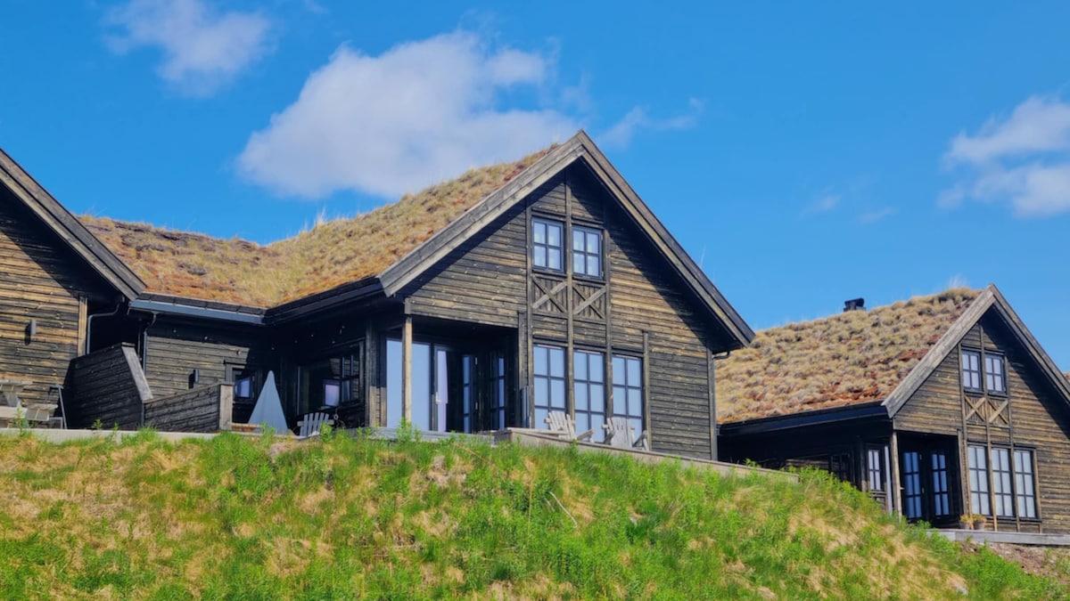 Two charming wooden cabins are set against a clear blue sky, featuring green roofs that blend seamlessly with the surrounding hillside. Large windows allow for natural light, and outdoor seating areas are visible, inviting relaxation in the scenic environment.