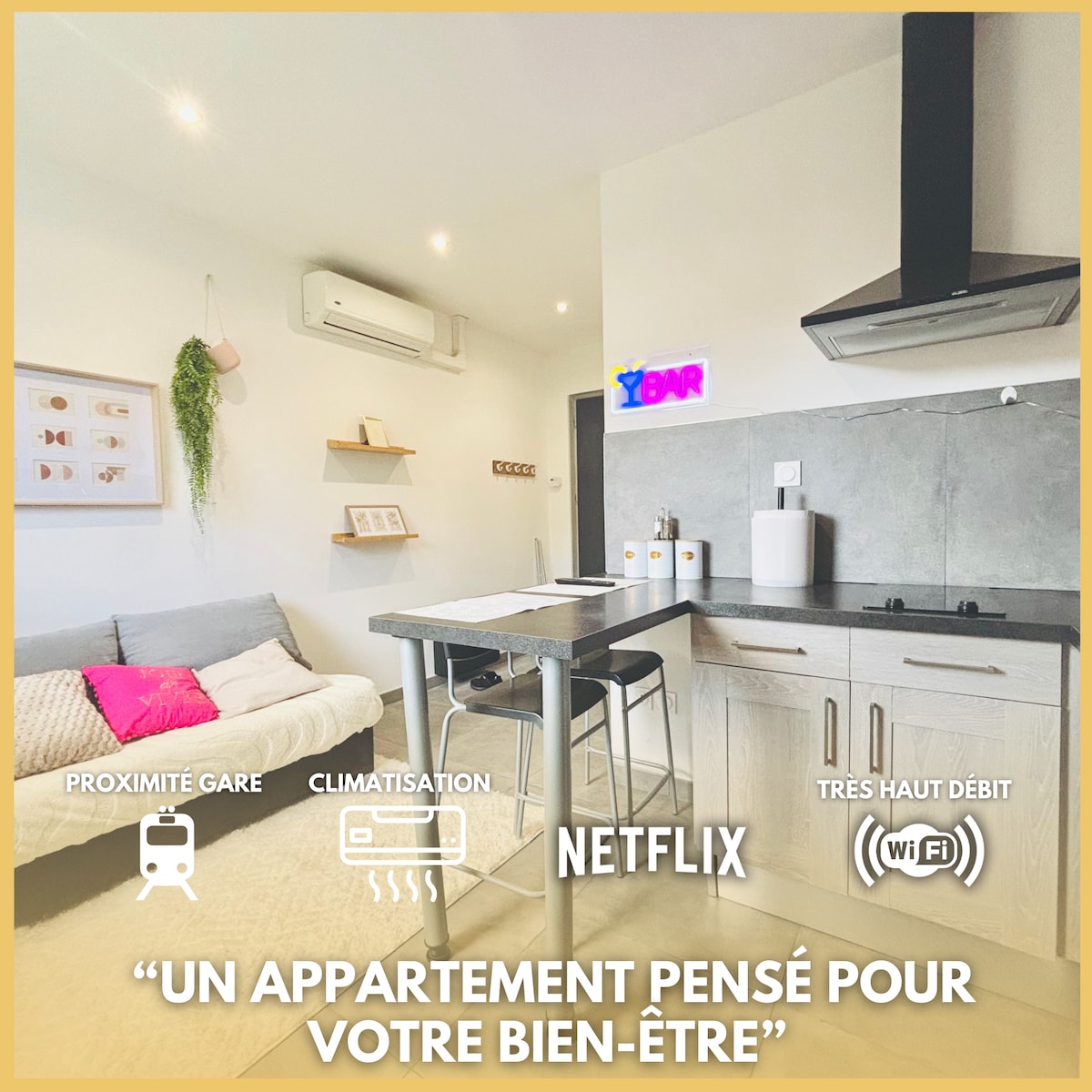 A modern kitchen area is shown, featuring a sleek countertop with two stools. An air conditioning unit is mounted on the wall, and the wall has decorative shelves with light decor. A comfortable sofa is visible in the space, complemented by soft cushions.