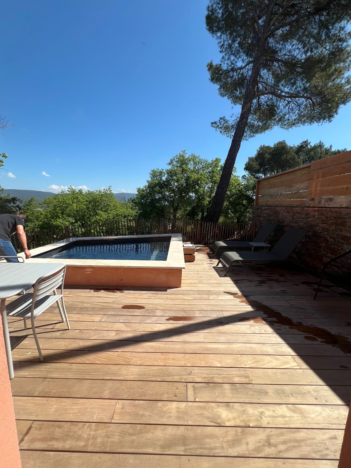 A private outdoor terrace features a refreshing pool, surrounded by wooden decking. Comfortable lounge chairs are positioned nearby, ideal for relaxation. Lush greenery and trees provide a natural backdrop, while a clear blue sky completes the tranquil setting.