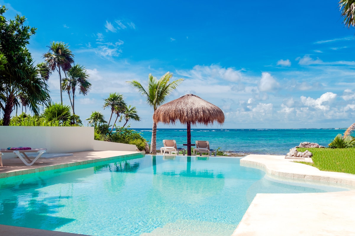 A tranquil pool area features a clear blue pool with lounge chairs positioned under a thatched-roof palapa. Lush greenery surrounds the space, while the ocean is visible in the background under a clear sky with scattered clouds.