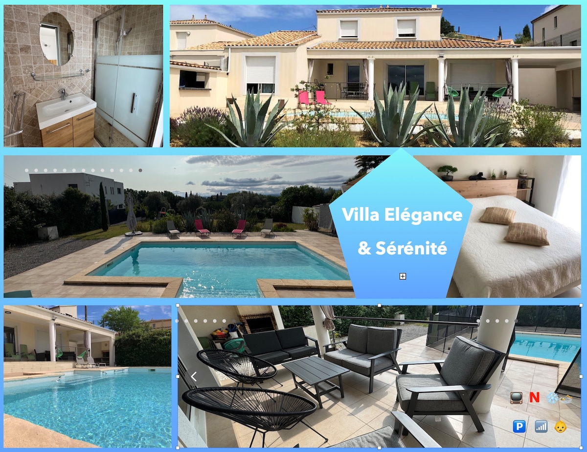 The exterior of the villa displays a private pool surrounded by a tiled patio, complemented by loungers and seating areas. The entrance features a covered porch with chairs, accompanied by neatly arranged garden greenery. Sunlight enhances the spacious atmosphere of the inviting outdoor living space.