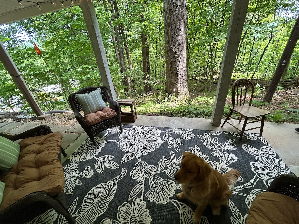 A cozy outdoor seating area features a large black and white floral rug. Two wicker chairs and a small wooden chair are positioned on a covered porch, surrounded by lush greenery. A golden retriever is seated on the rug, adding a welcoming touch to the space.