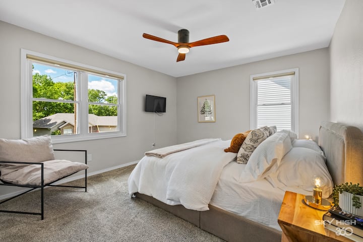 Primary bedroom with a king size bed & Smart TV for streaming from your own accounts!