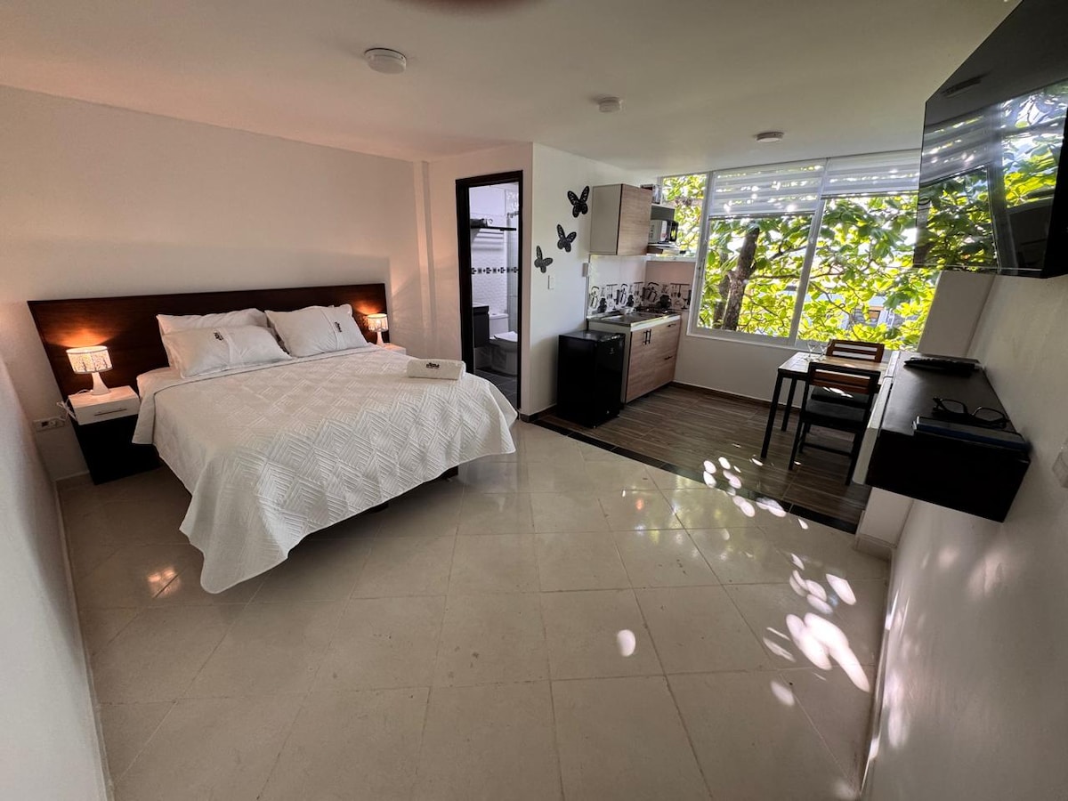 A well-lit studio space features a spacious bed with white linens, surrounded by natural light filtering through large windows. A kitchenette equipped with modern appliances is visible, alongside a small dining area with a table and chairs, enhancing the overall functionality of the room.