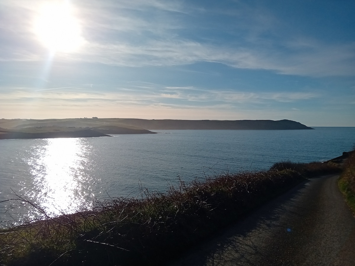A serene coastal view is presented, featuring calm water reflecting sunlight. Gentle waves lap at the shore, with grassy land leading to a distant line of hills. The sky appears clear, hinting at a tranquil day, while a winding road runs alongside the water.