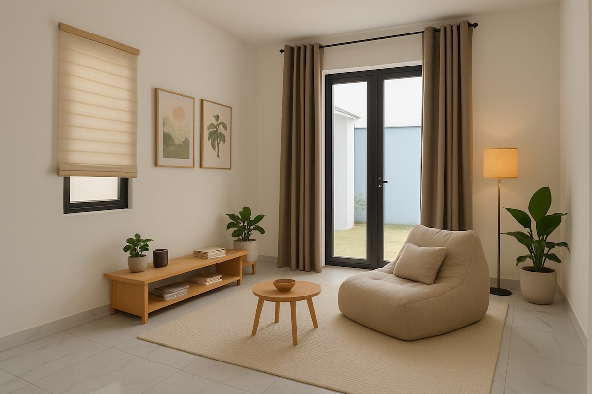 A bright living room features large windows allowing natural light to illuminate the space. A light-colored rug covers the floor, complemented by a beige bean bag chair and a small wooden coffee table. Two plants are placed beside the seating area, adding a touch of greenery.