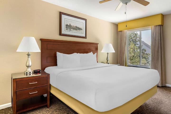 Un très grand lit spacieux est au cœur de cette chambre élégante, offrant un confort haut de gamme, une ambiance paisible et beaucoup d'espace pour se détendre afin que les voyageurs puissent profiter d'un séjour reposant et rafraîchissant tout au long de leur visite.