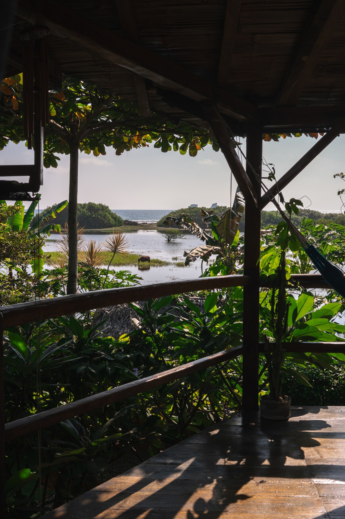 A serene view is captured from a wooden terrace, framed by lush greenery. The landscape reveals a calm body of water reflecting sunlight, flanked by trees and gentle hills in the distance. A hammock is visible, inviting relaxation in the tranquil setting.