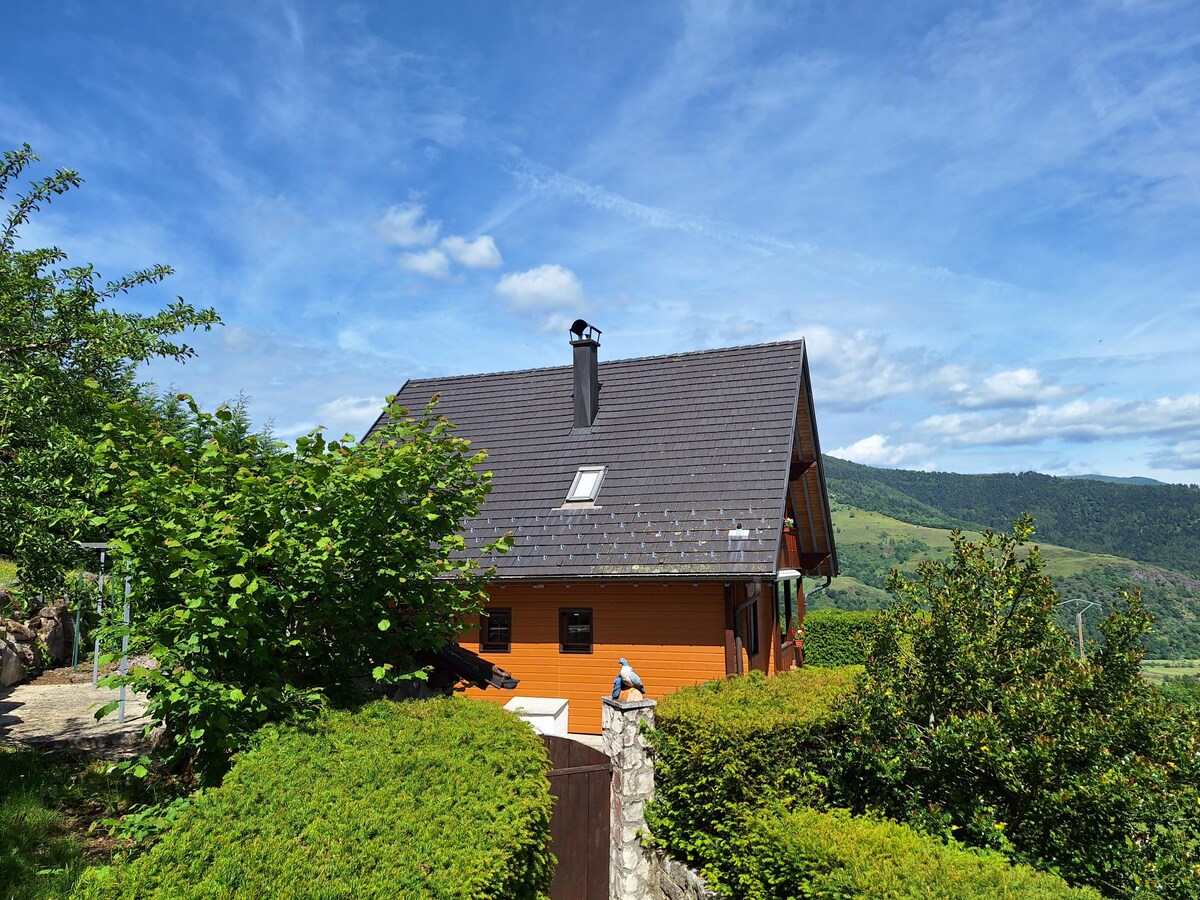 A sunny chalet is nestled among greenery, showcasing orange siding and a dark roof. The surrounding plants frame the structure, complementing the natural landscape visible in the background. Clear skies and gentle hills are seen in the distance, enhancing the tranquility of the setting.