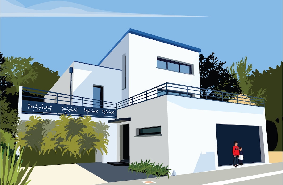 A modern architectural home is depicted with a sleek design and a flat roof. The exterior features a balcony railing, large windows, and potted greenery. A pathway leads to the entrance, where two figures stand, suggesting a welcoming atmosphere in a tranquil setting.